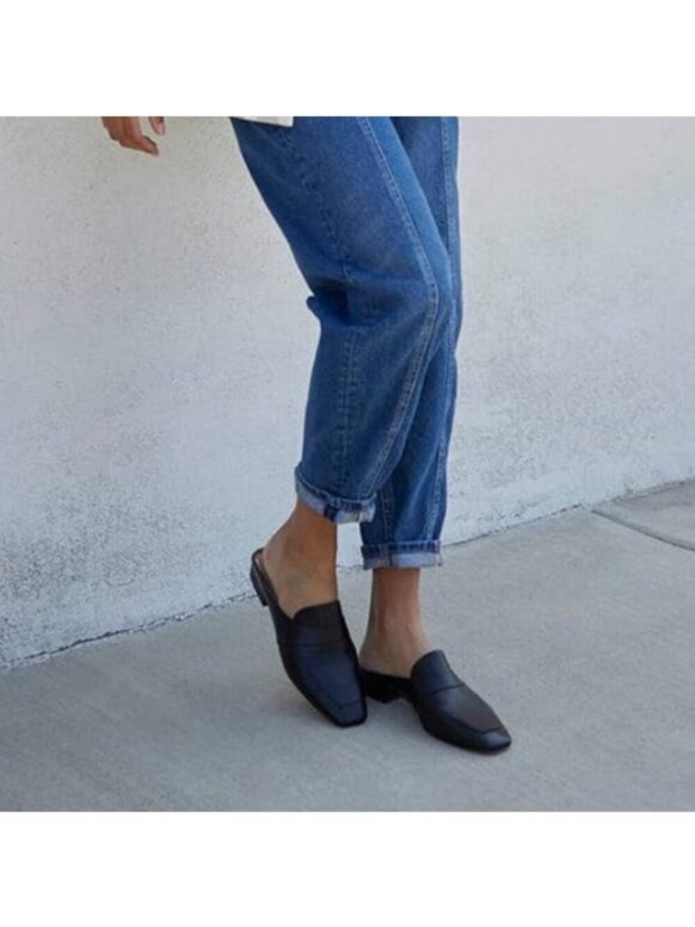 Black Leather Mules Square Toe Loafer Low Chunky Heel Backless Mule Sandals